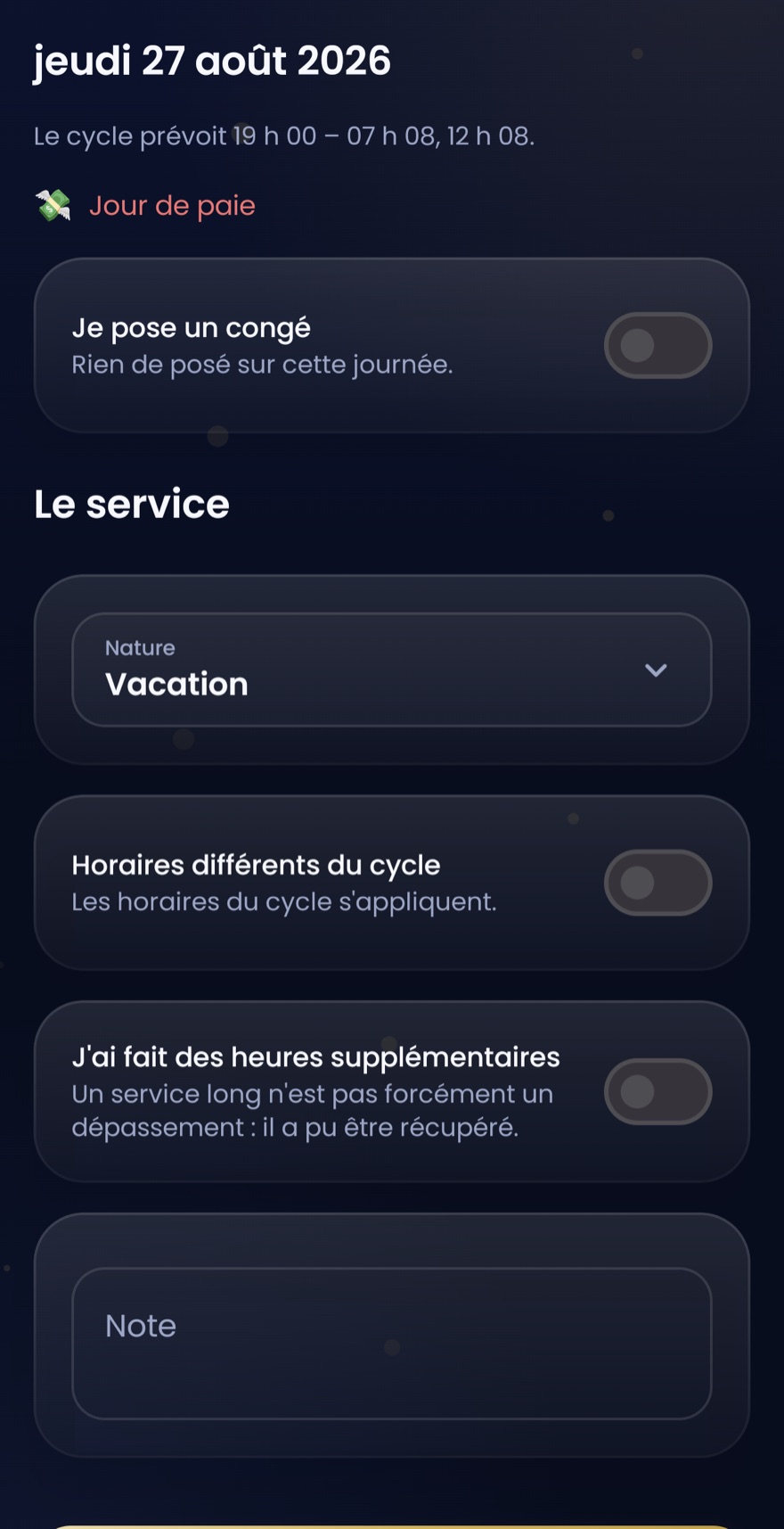 Détail du jeudi 27 août 2026 : la mention « Jour de paie », le cycle prévu de 19 h 00 à 07 h 08, et la possibilité de poser un congé.